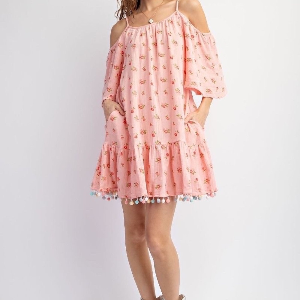New Easel Cold Shoulder Dress Pom Pom Trim Ruffle Gauze Pink Floral Pockets - Picture 7 of 12